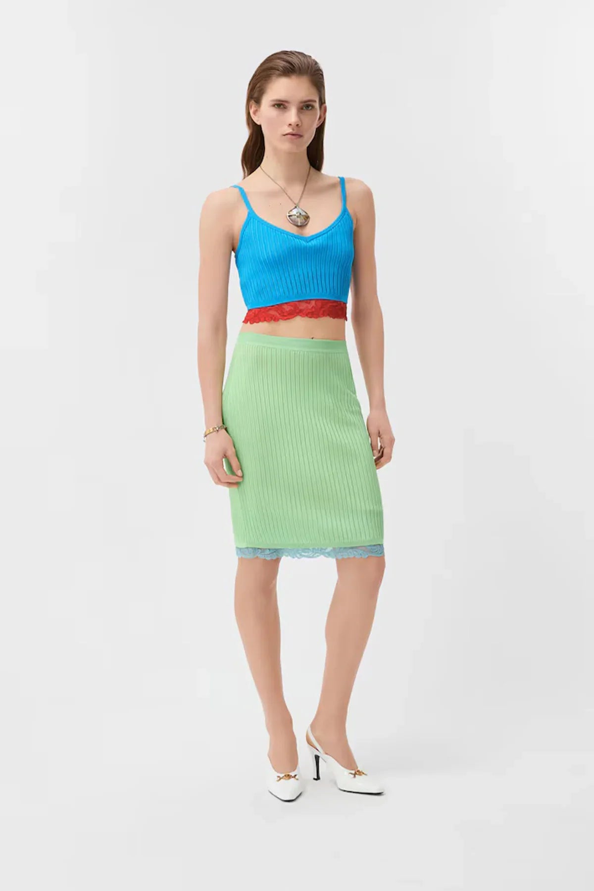 VERSACE | Lace-Trim Viscose-Blend Ribbed Knit Midi Skirt
