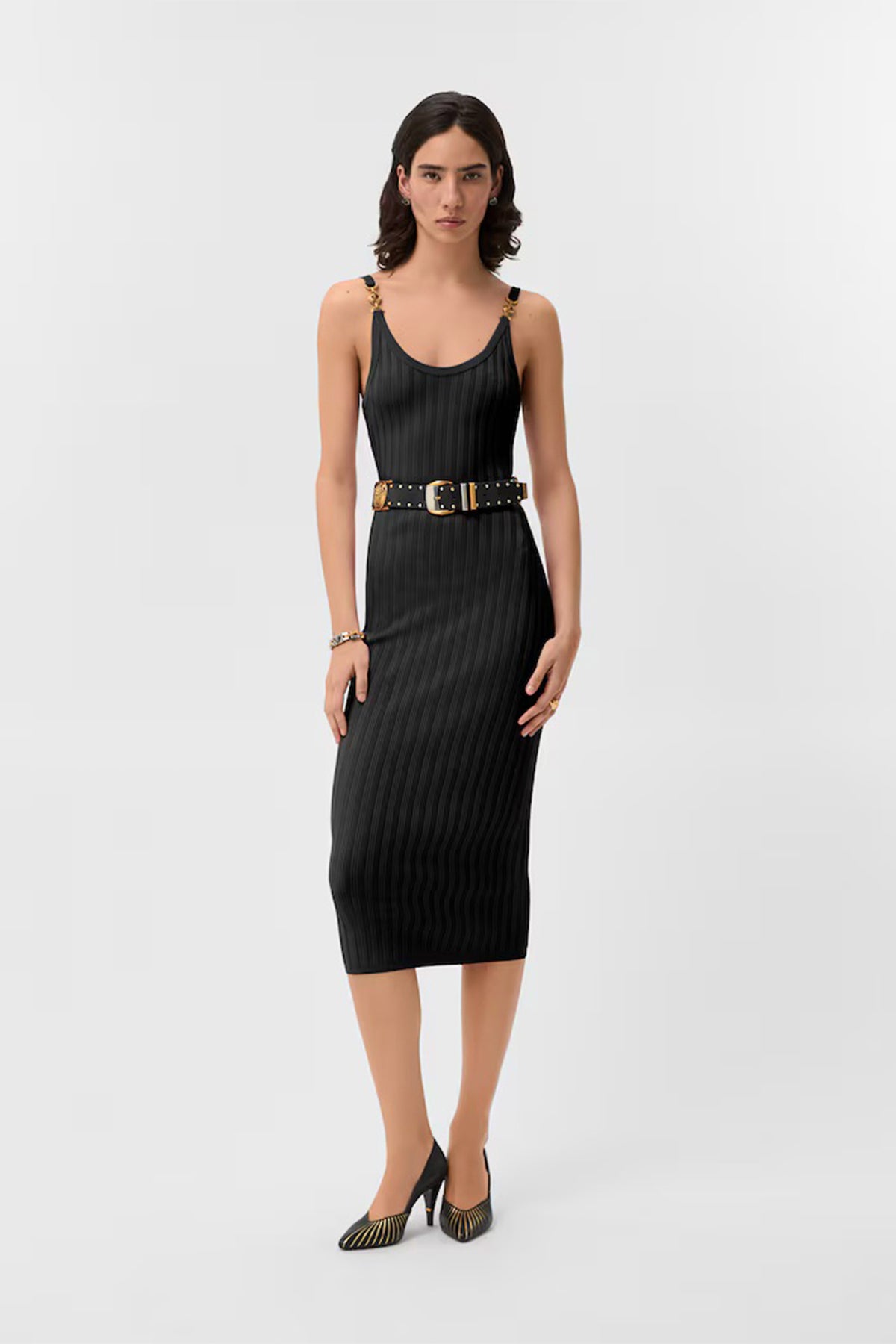 VERSACE | Viscose Mesh Ribbed Knit Midi Dress