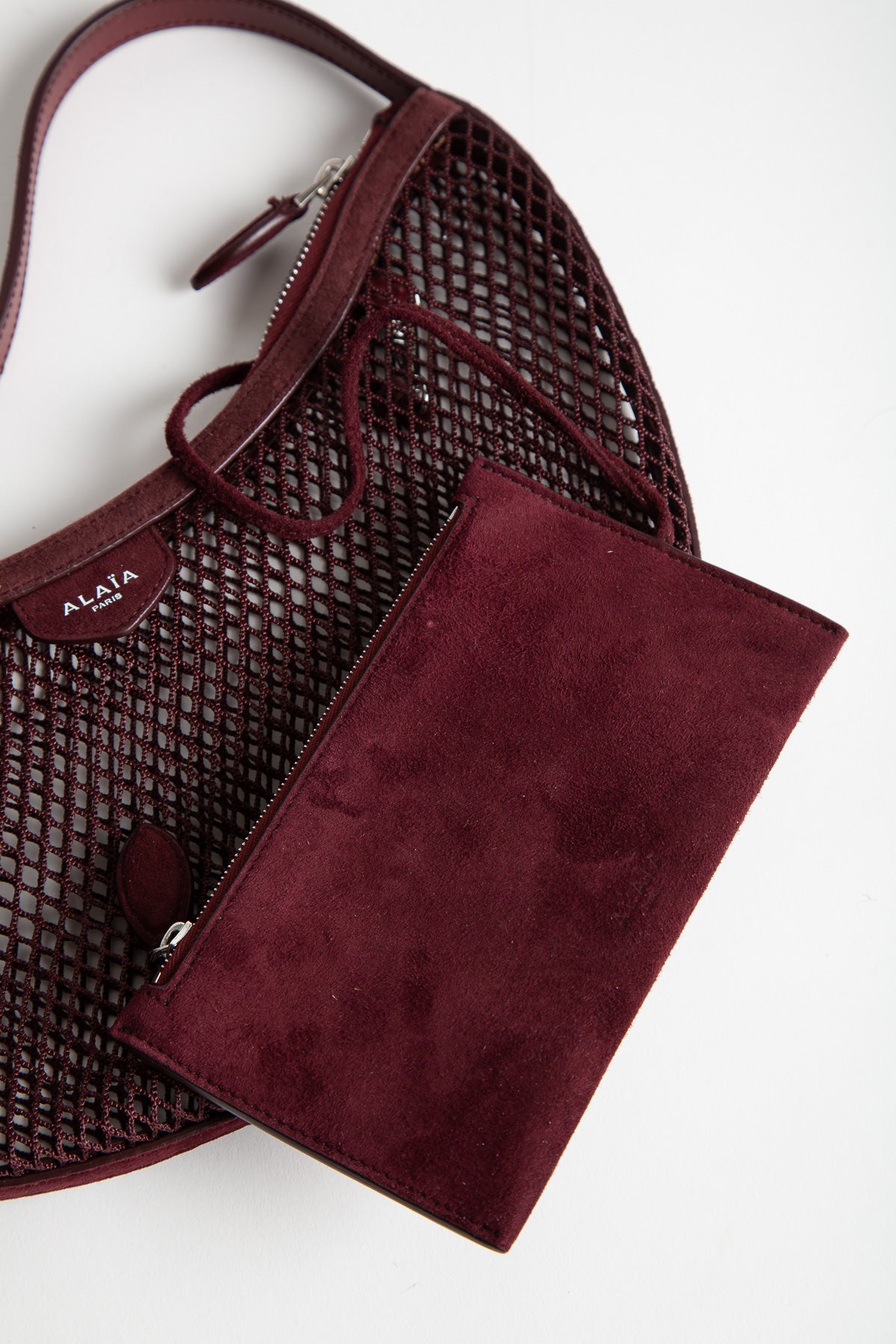 ALAÏA | One Piece Demi Lune Bag In Fishnet And Suede