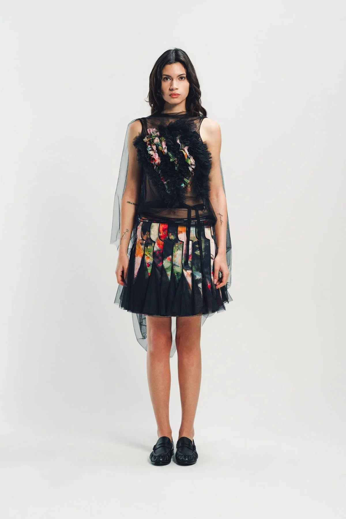 CAROLINE HU | PRINTED RUFFLE TULLE TOP