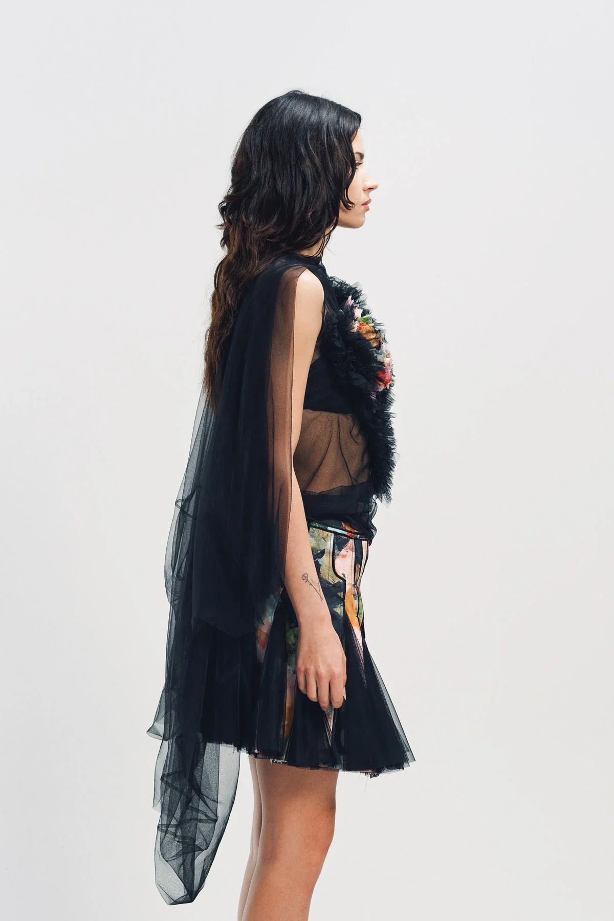 CAROLINE HU | PRINTED RUFFLE TULLE TOP