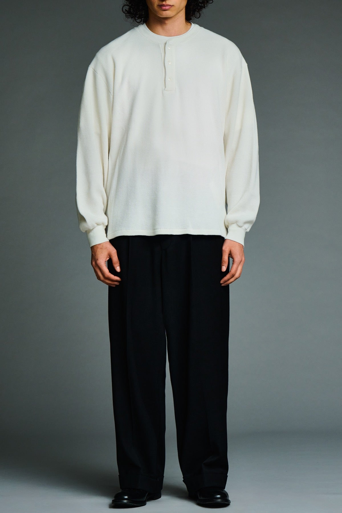 A.presse | Cashmere Blend Waffle Long Sleeve Henley Neck Shirt