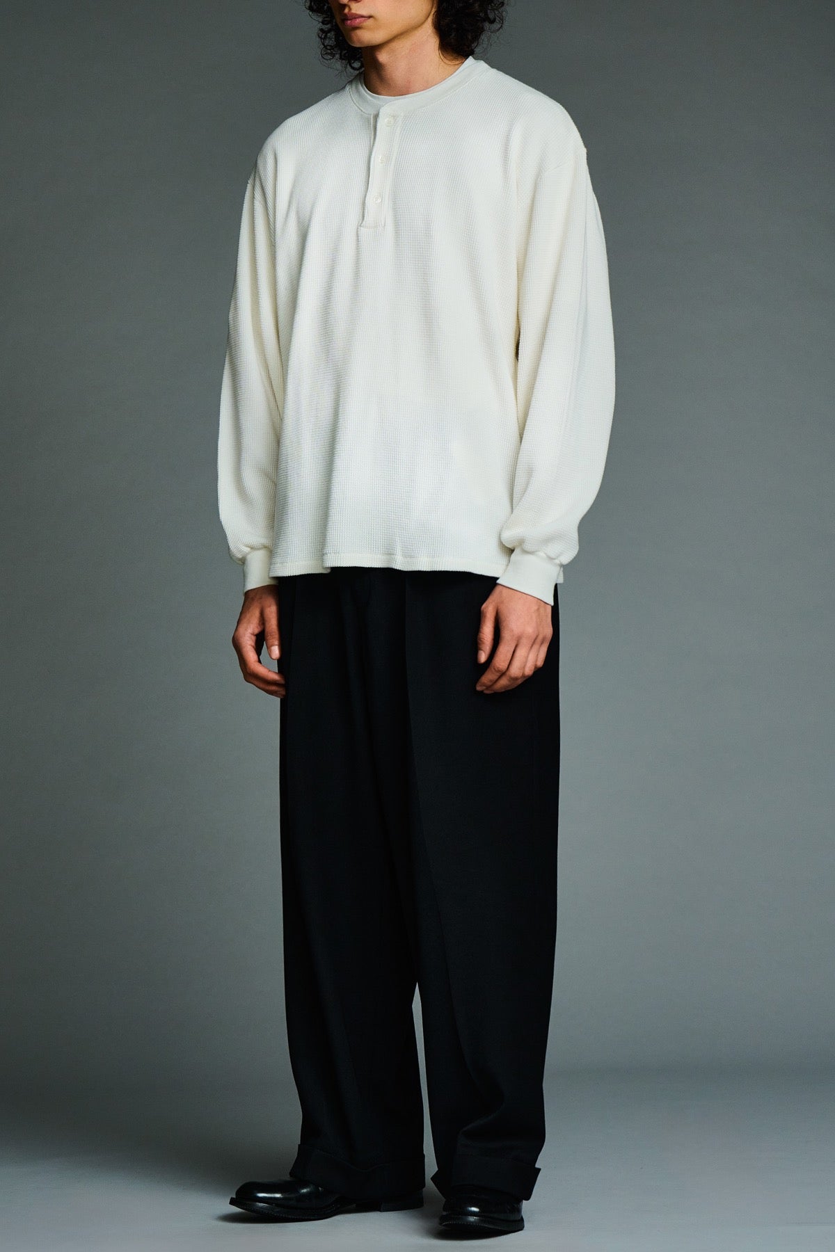 A.presse | Cashmere Blend Waffle Long Sleeve Henley Neck Shirt