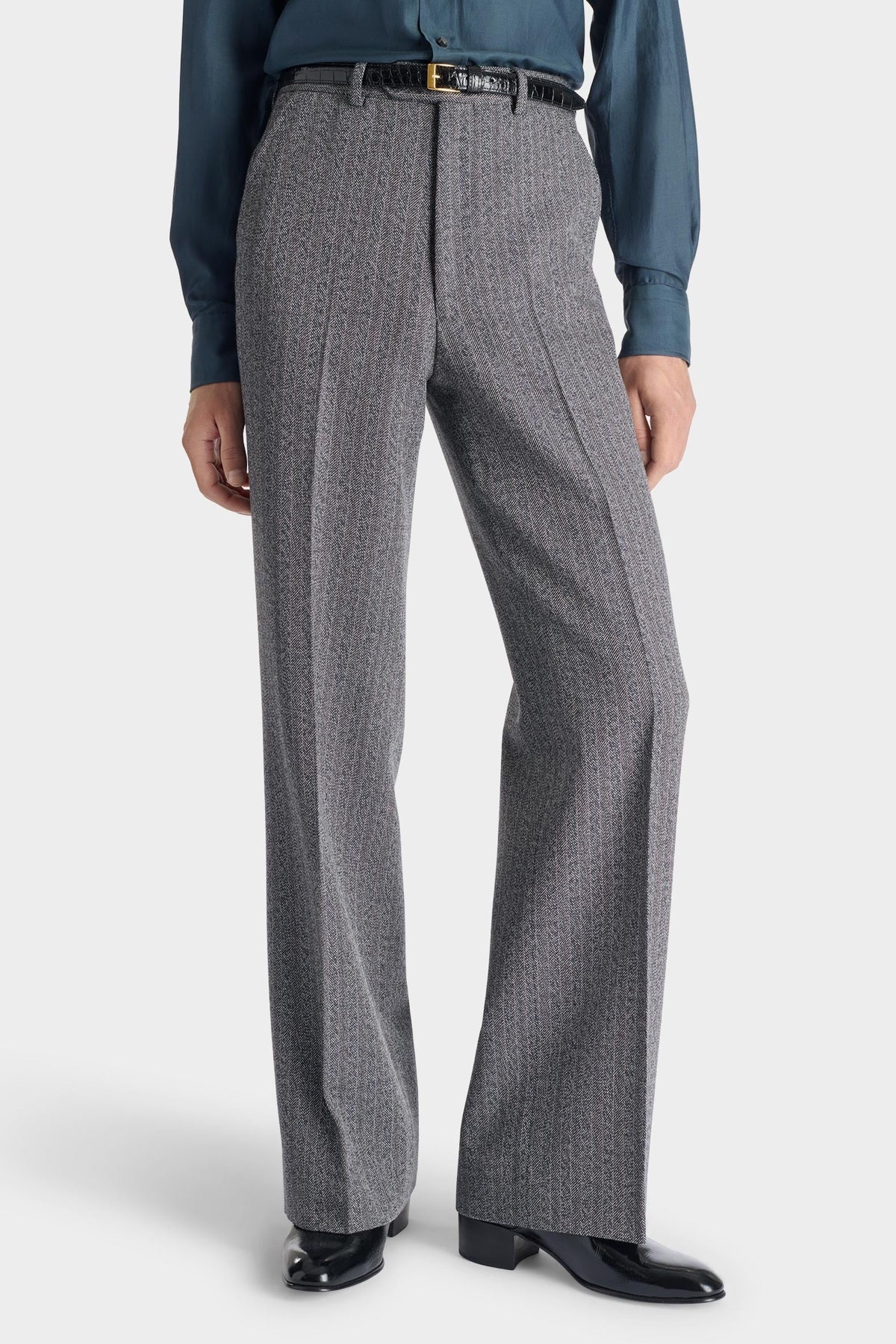 HUSBANDS | Wide Trousers In Grey Herringbone 4-Ply Virgin Wool Twill With Stripes