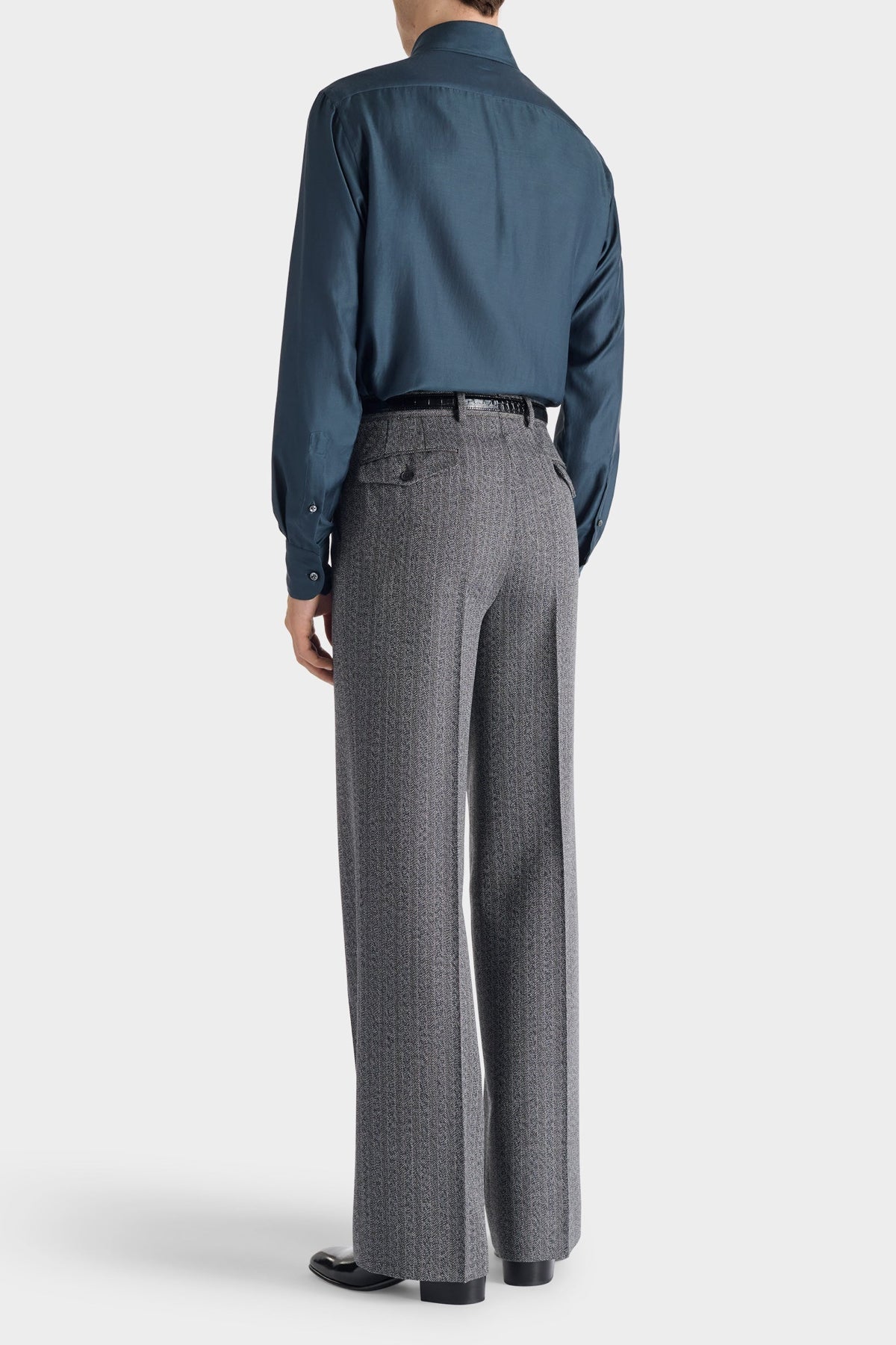HUSBANDS | Wide Trousers In Grey Herringbone 4-Ply Virgin Wool Twill With Stripes