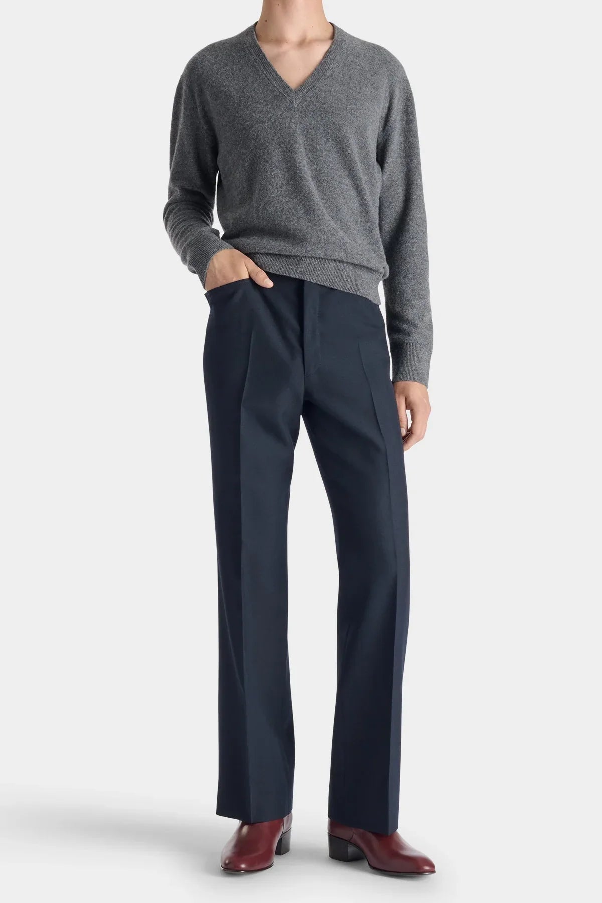 HUSBANDS | Flared Trousers In Navy Poly-Wool Twill