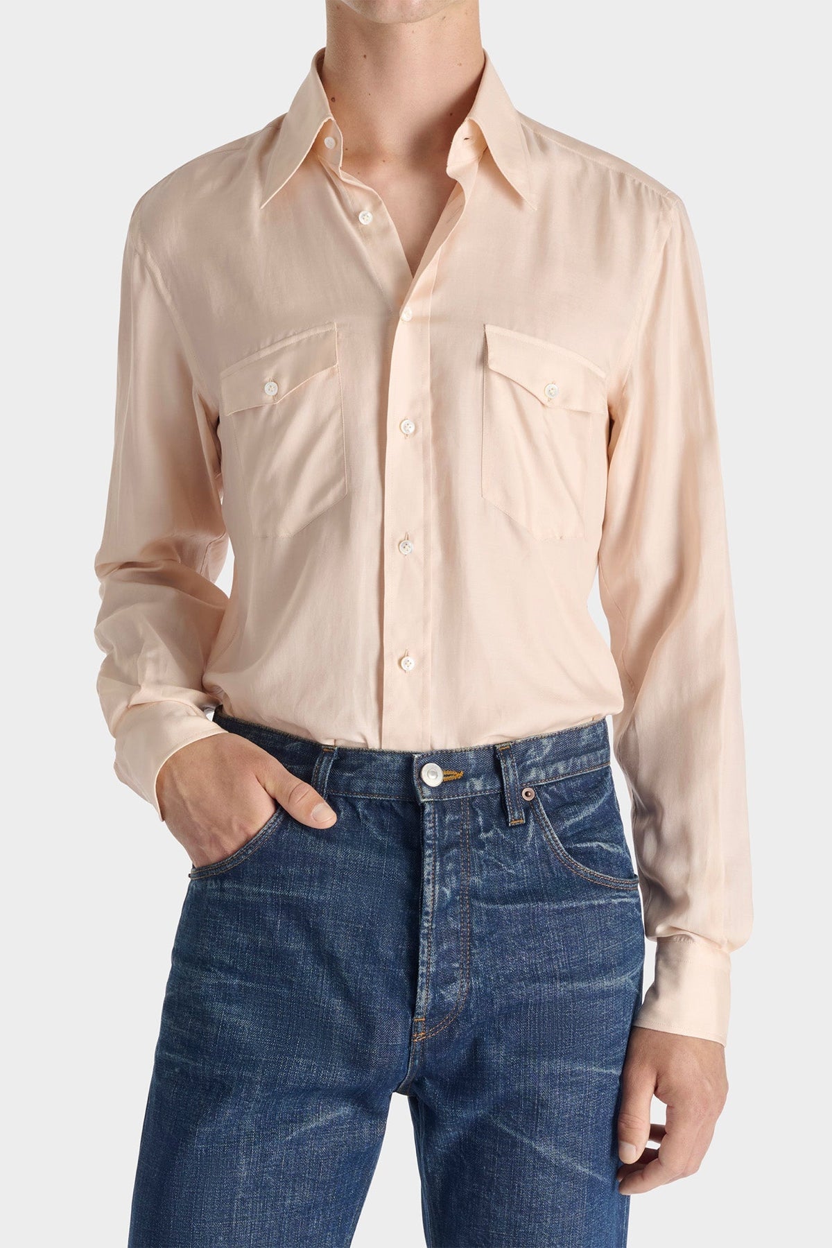 HUSBANDS | Wide-Collar Shirt In Peach Cotton And Silk Twill