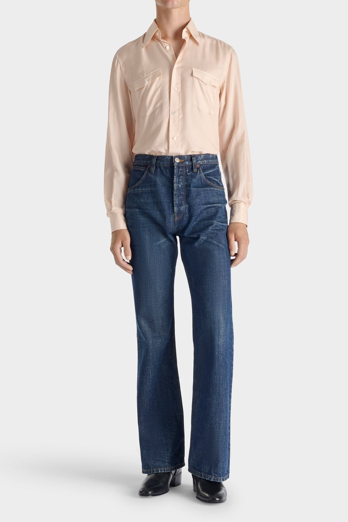 HUSBANDS | Wide-Collar Shirt In Peach Cotton And Silk Twill