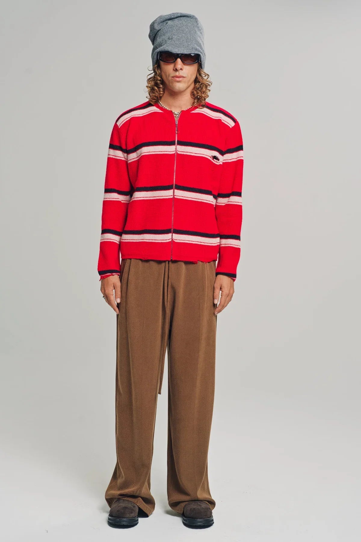 Second/Layer | Friends Zip Up Waffle Knit Sweater in Red Stripe