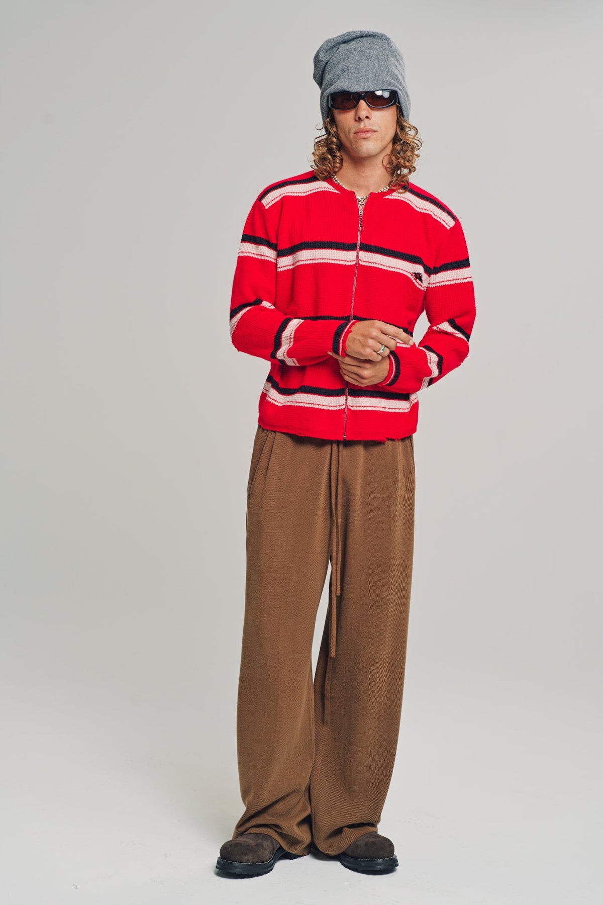 Second/Layer | Friends Zip Up Waffle Knit Sweater in Red Stripe