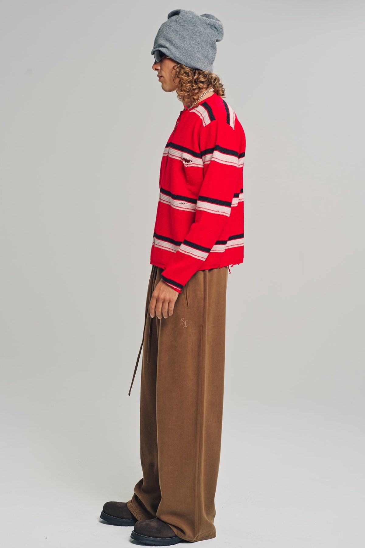 Second/Layer | Friends Zip Up Waffle Knit Sweater in Red Stripe