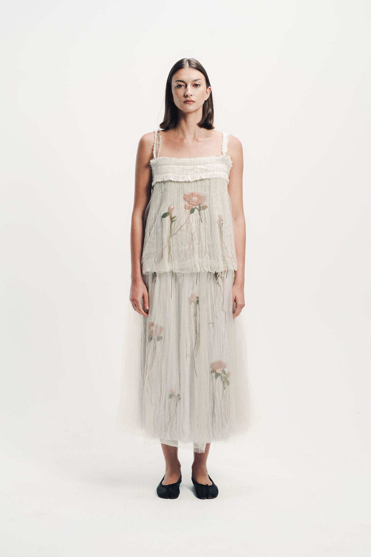 Caroline Hu | Flower Embroidered Pleated Top