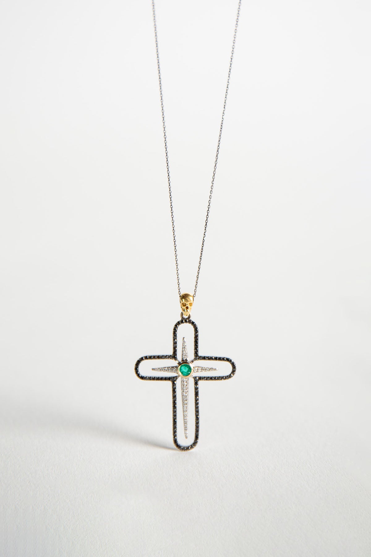 MAXFIELD PRIVATE COLLECTION | EMERALD DIAMOND SKULL CROSS NECKLACE