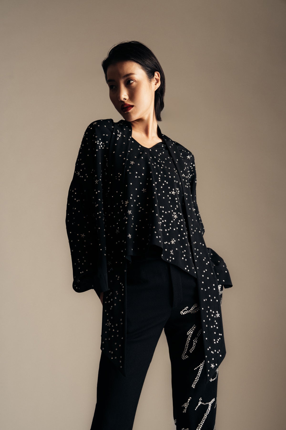 LIBERTINE | CRYSTAL 'LONGFELLOW'S LIGHT OF STARS' SILK TIE BLOUSE