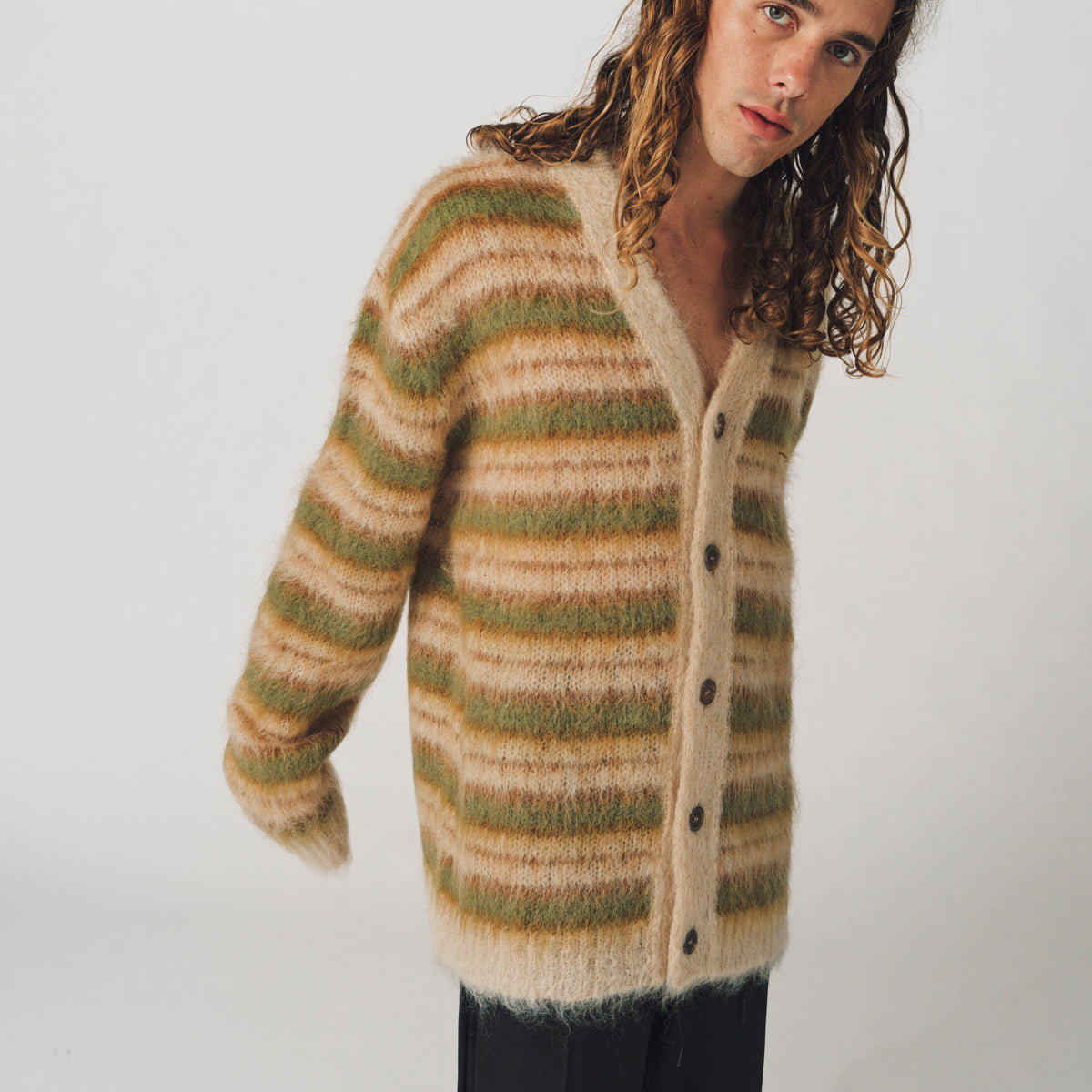 MARNI | CAMEL STRIPED MOHAIR CARDIGAN