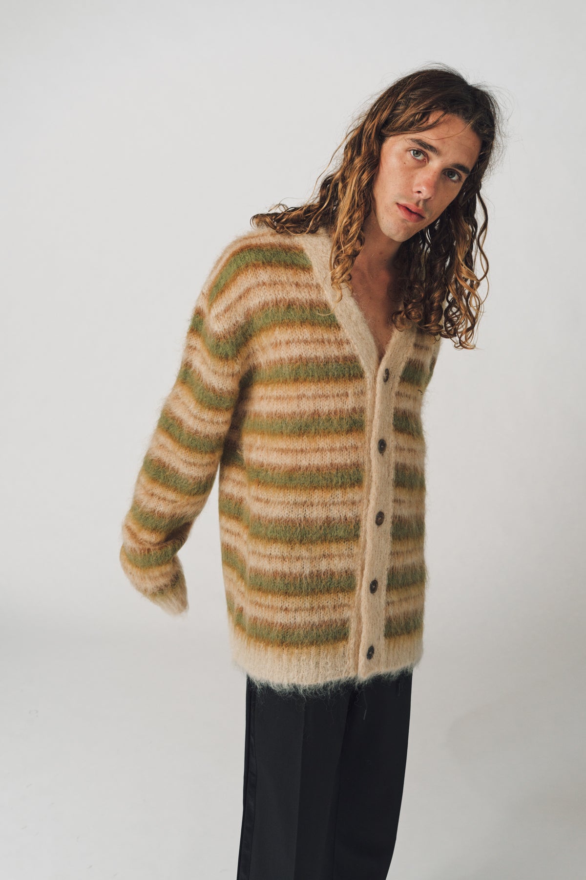 MARNI | CAMEL STRIPED MOHAIR CARDIGAN