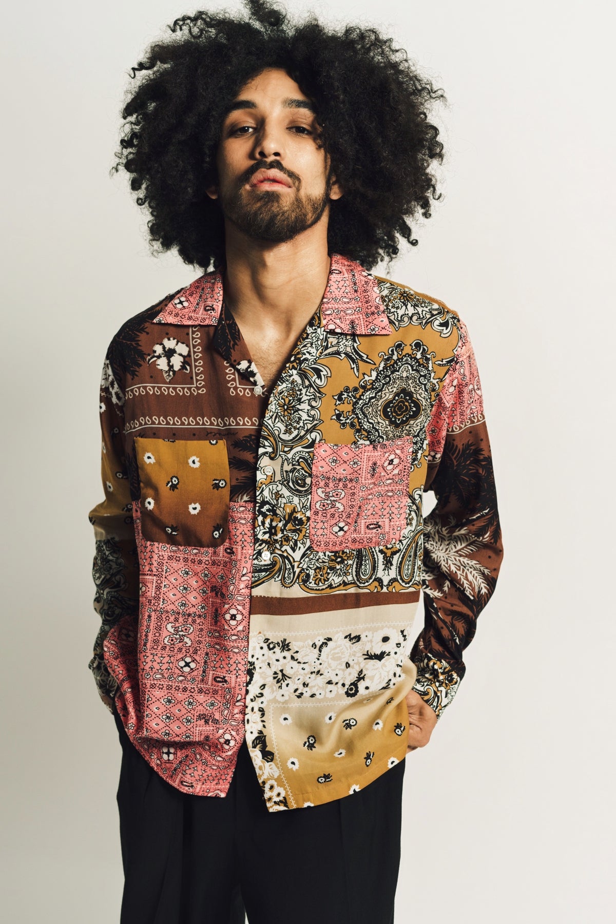 NOMA T.D. | PATCHWORK OPEN COLLAR SHIRT - MAXFIELD LA