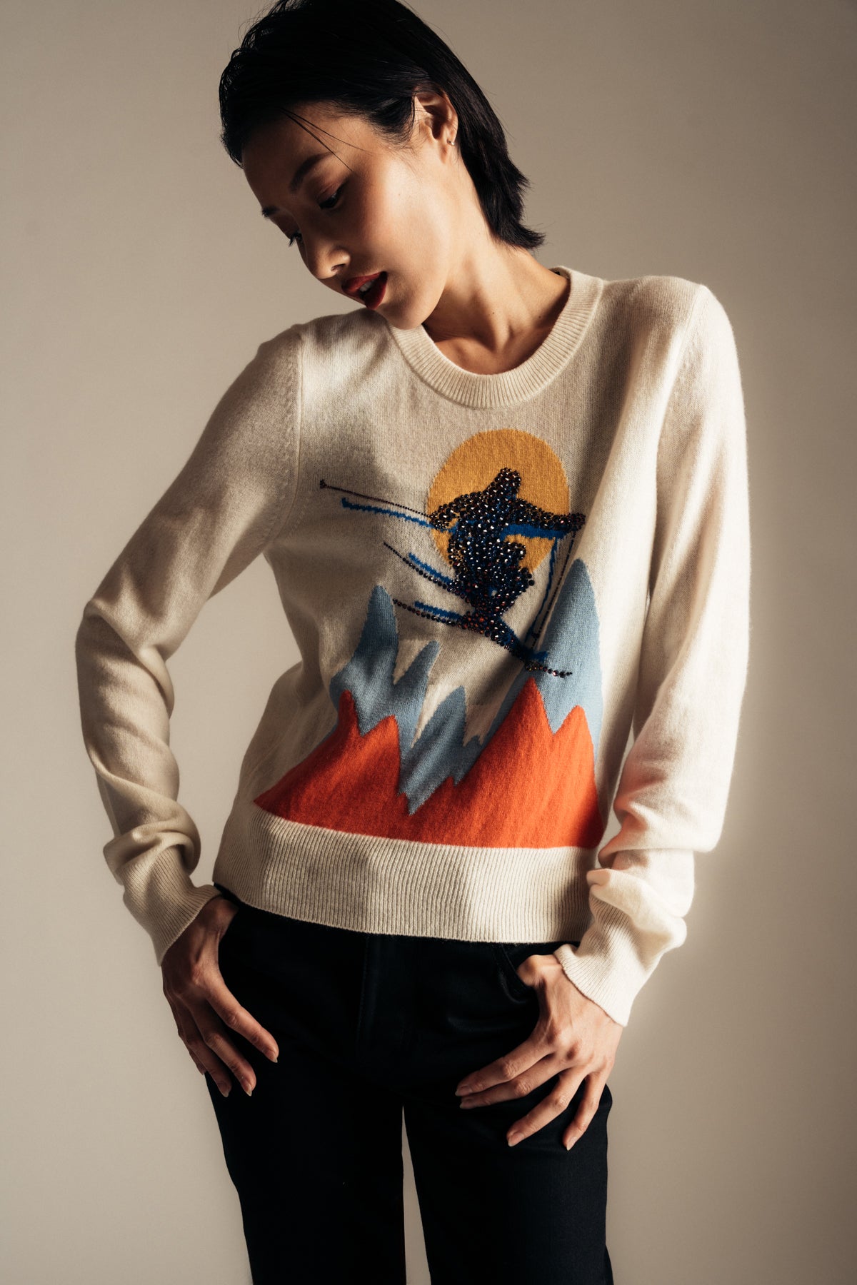 LIBERTINE | ‘SKI JUMP’ SHRUNKEN PULLOVER SWEATER WITH CRYSTALS