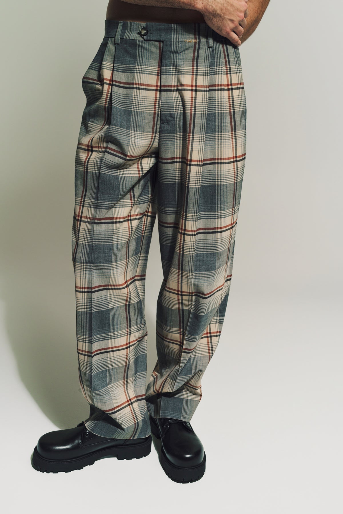 MARNI | WOOL PLEATED PLAID TROUSERS - MAXFIELD LA