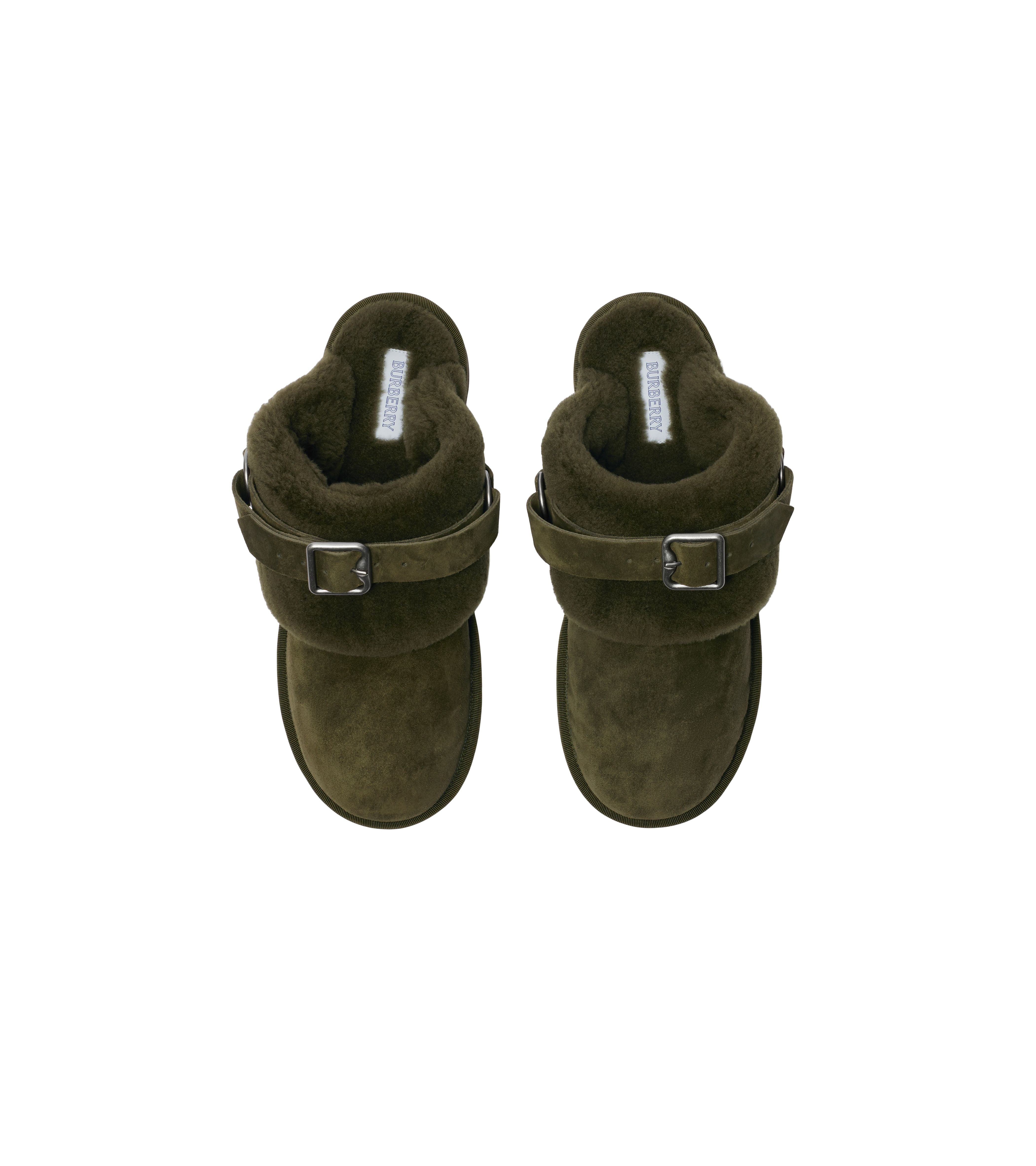 BURBERRY | SUEDE AND SHEARLING CHUBBY MULES - MAXFIELD LA