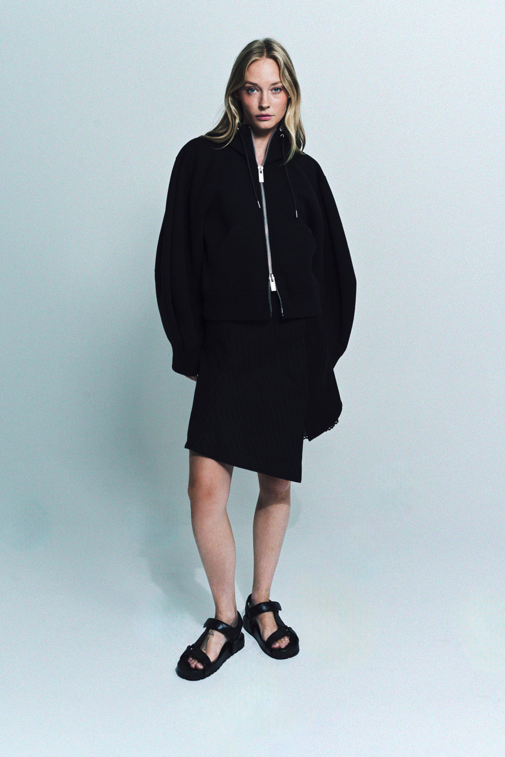 SACAI | CHALK STRIPE & WOOL MELTON SKIRT 