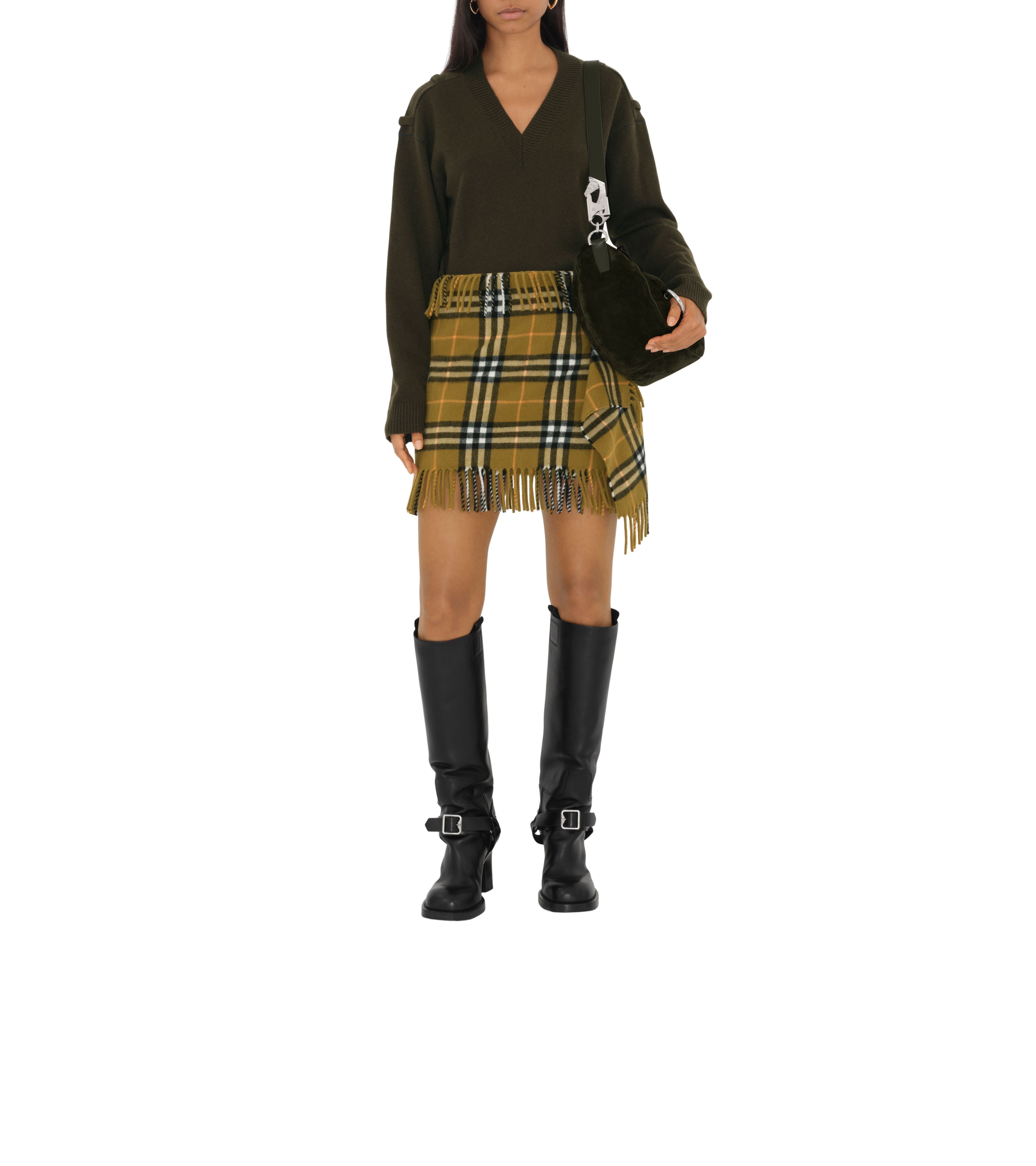 BURBERRY | CHECK WOOL CASHMERE SCARF SKIRT - MAXFIELD LA
