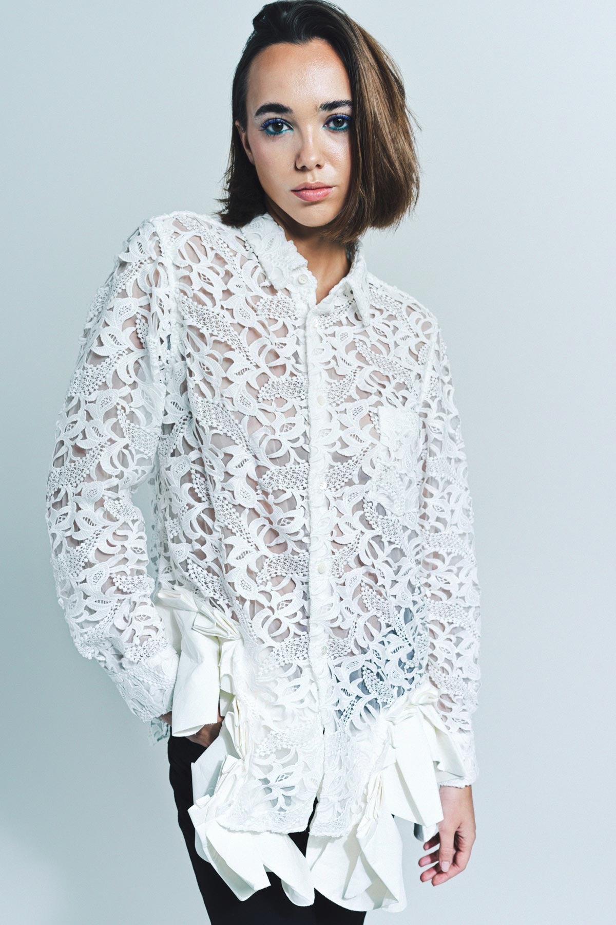 COMME DES GARCONS | LACE & FAUX LEATHER LONG SLEEVE SHIRT - MAXFIELD LA