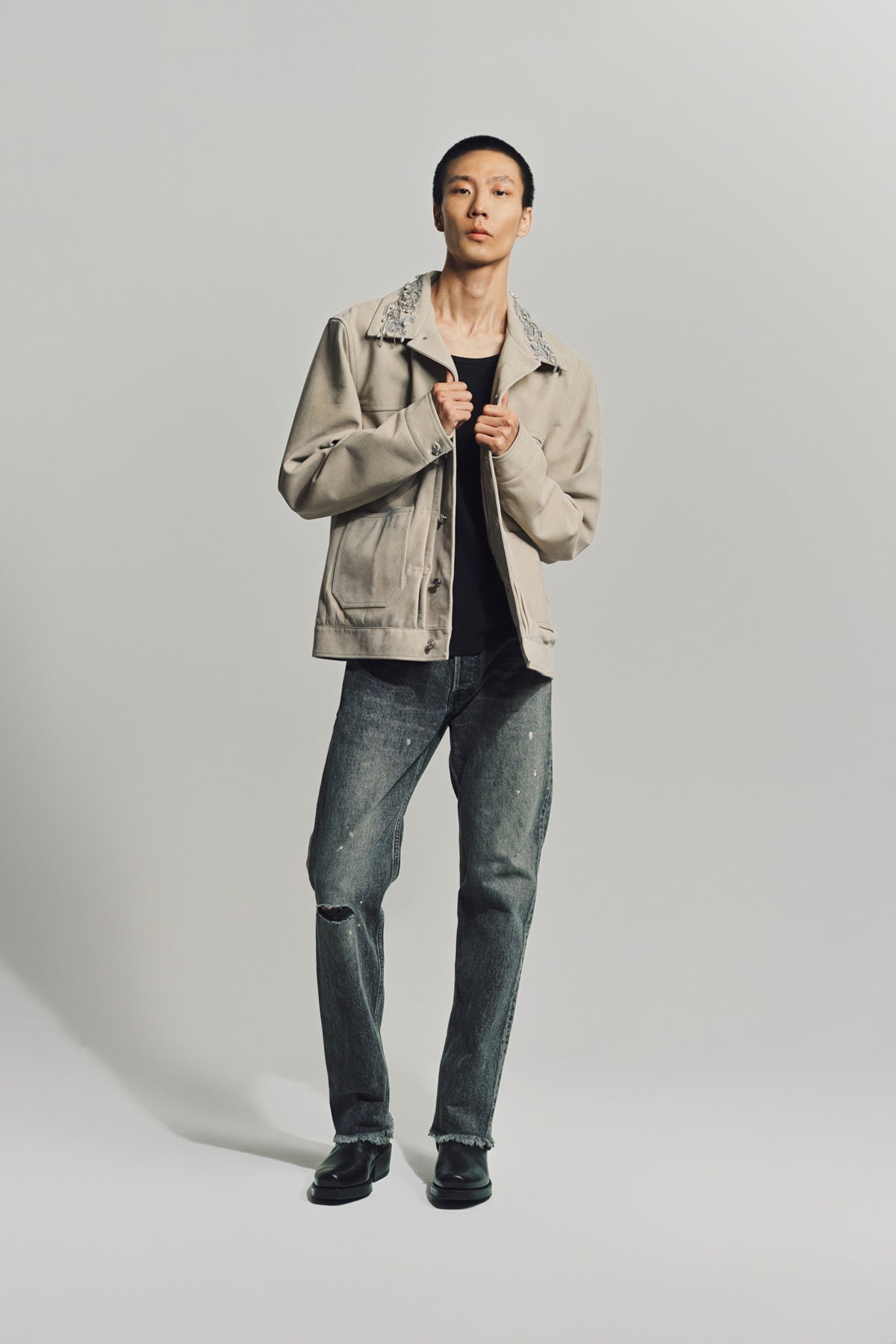 GIVENCHY | JACKET IN GRAINED LEATHER WITH CRYSTALS AND PEARLS