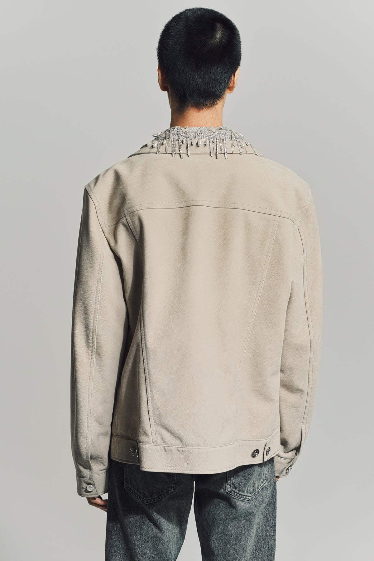 GIVENCHY | JACKET IN GRAINED LEATHER WITH CRYSTALS AND PEARLS