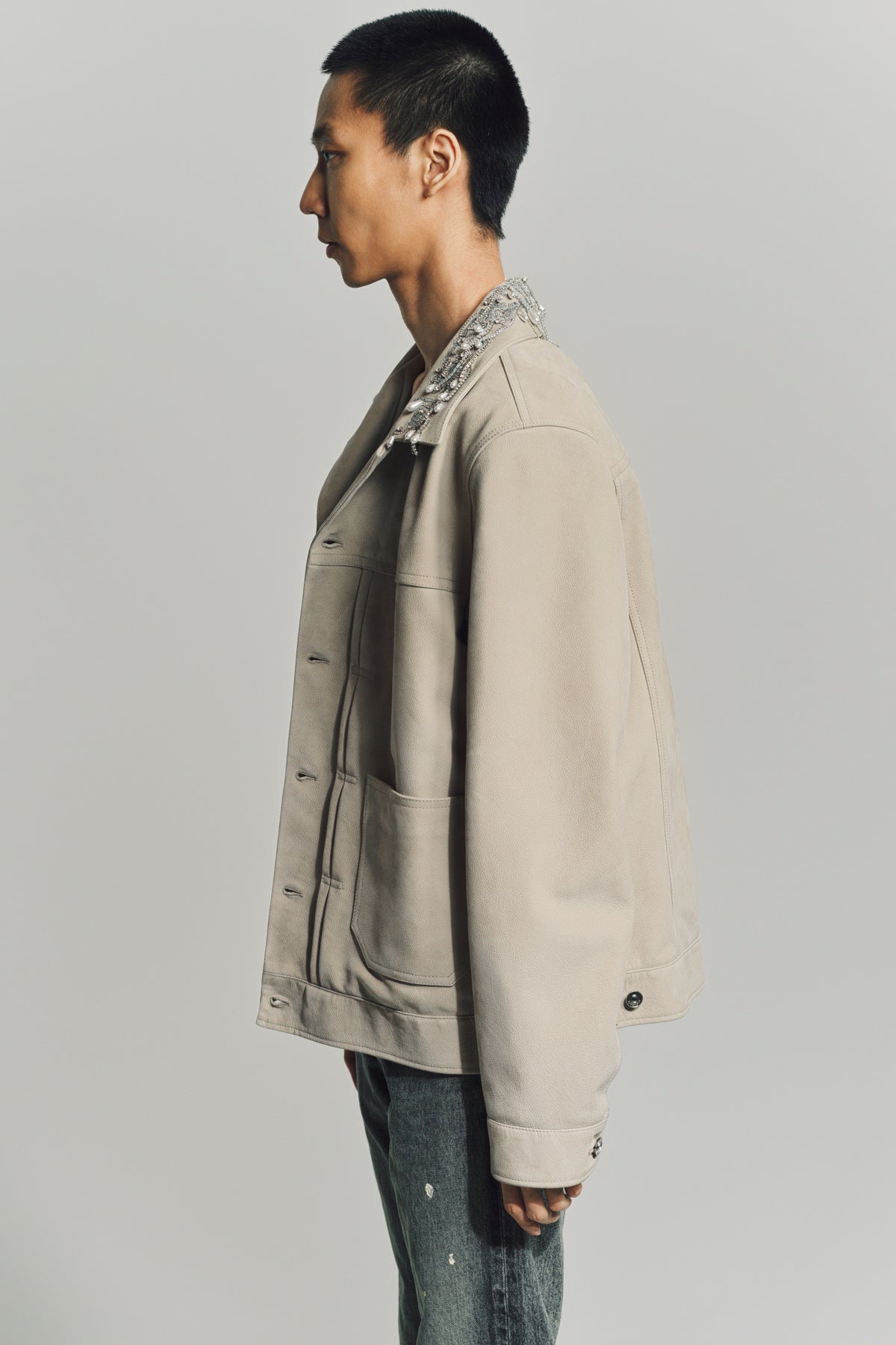 GIVENCHY | JACKET IN GRAINED LEATHER WITH CRYSTALS AND PEARLS