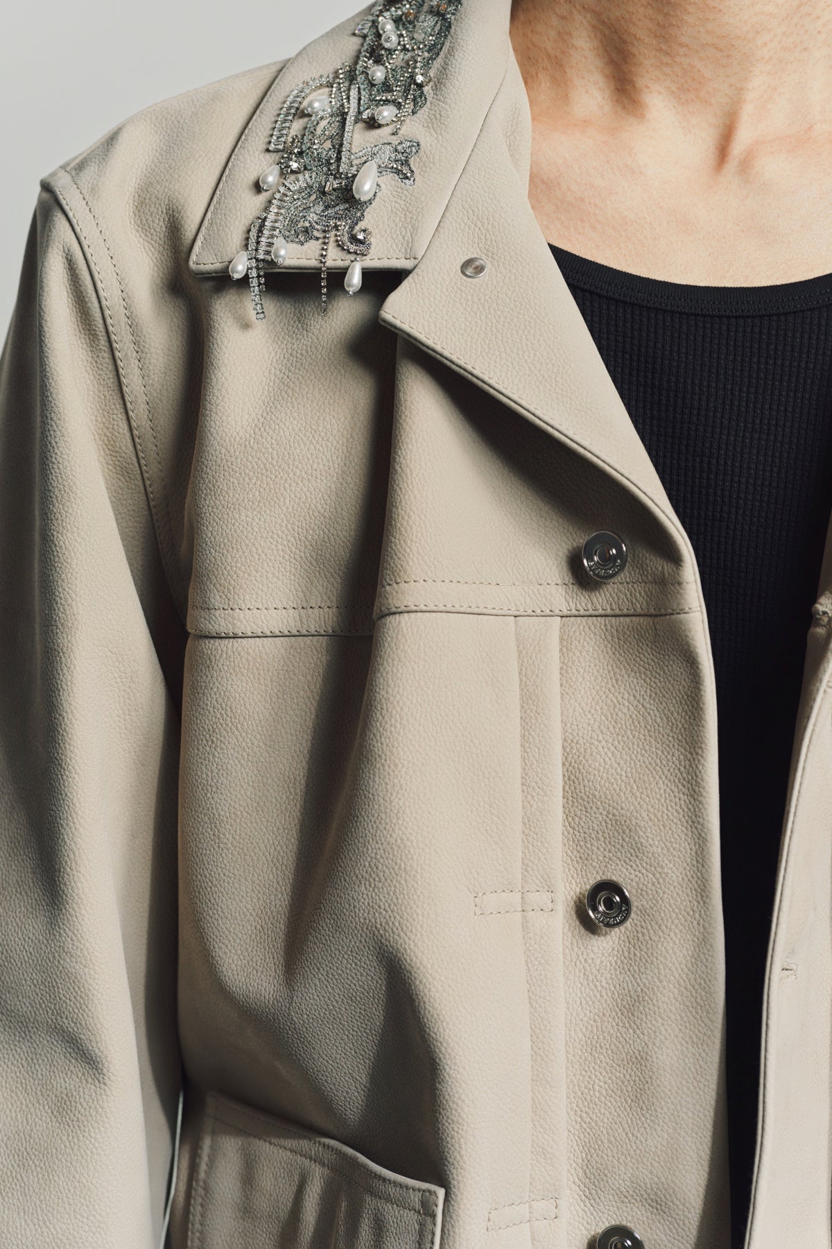 GIVENCHY | JACKET IN GRAINED LEATHER WITH CRYSTALS AND PEARLS