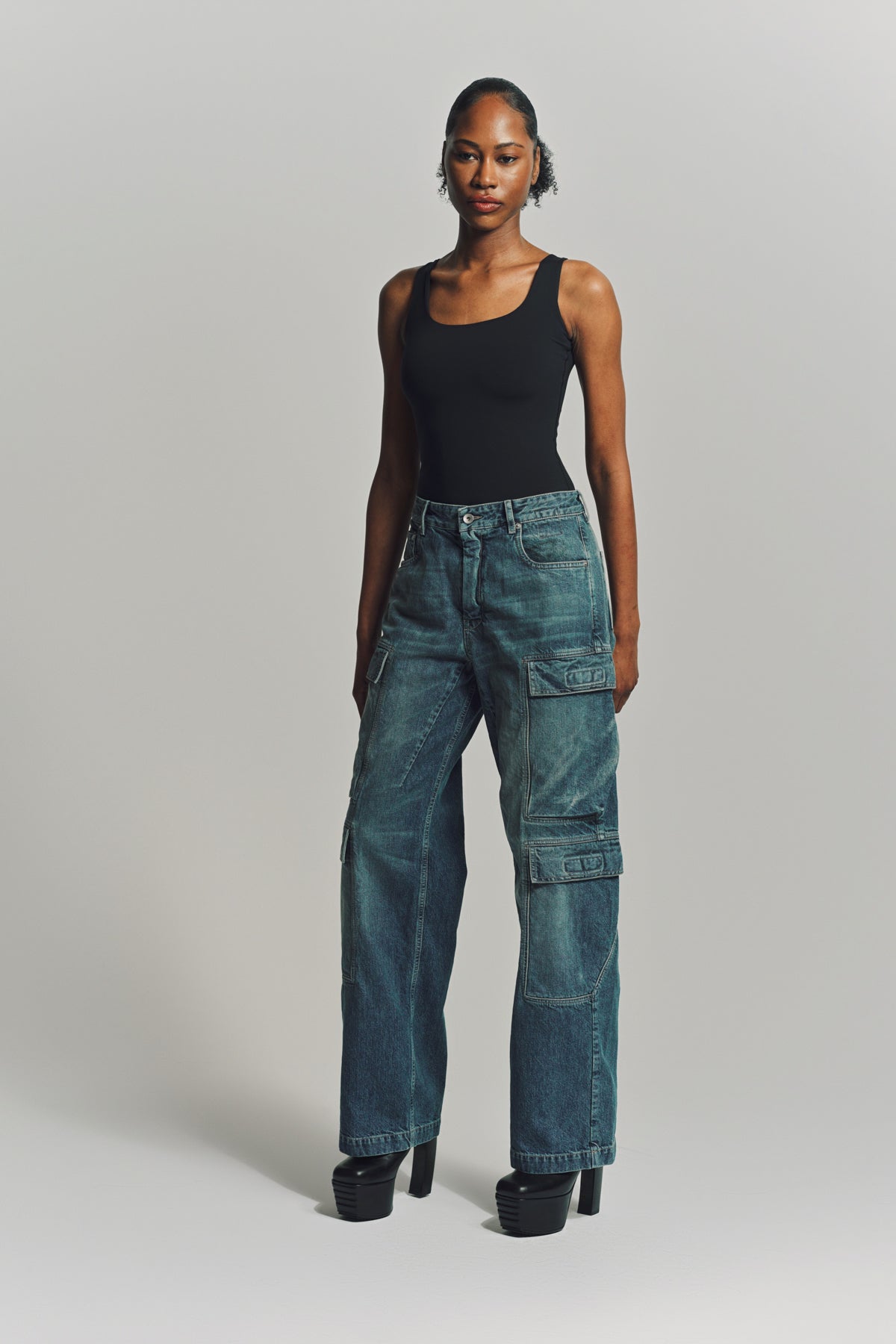 DRKSHDW | DOUBLE CARGO JEANS BLACK FOIL DENIM デニム RICK OWENS DRKSHDW | DOUBLE CARGO JEANS