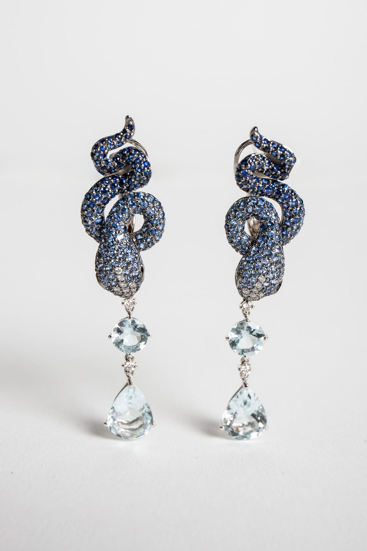 STEFERE | WHITE GOLD, DIAMOND, BLUE SAPPHIRE, & AQUAMARINE SNAKE EARRINGS