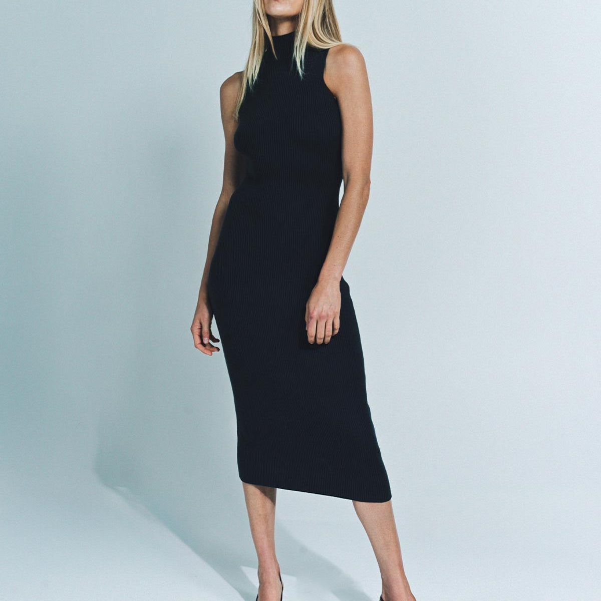 fitted mock neck midi dress Mock Neck Midi Dress