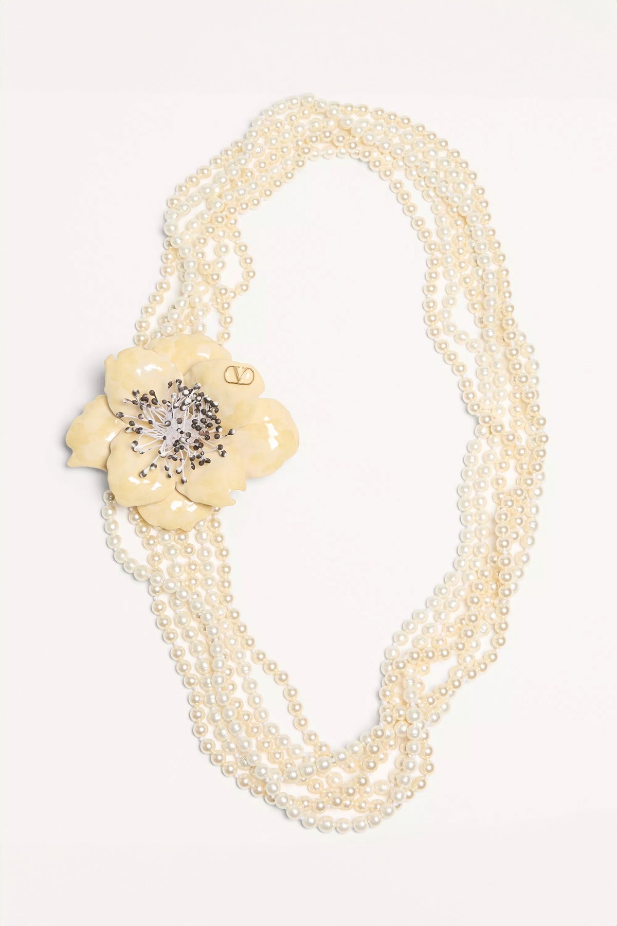 VALENTINO GARAVANI | FLEUR LUMINEUSE NECKLACE IN METAL, ENAMEL, PEARLS AND FABRIC