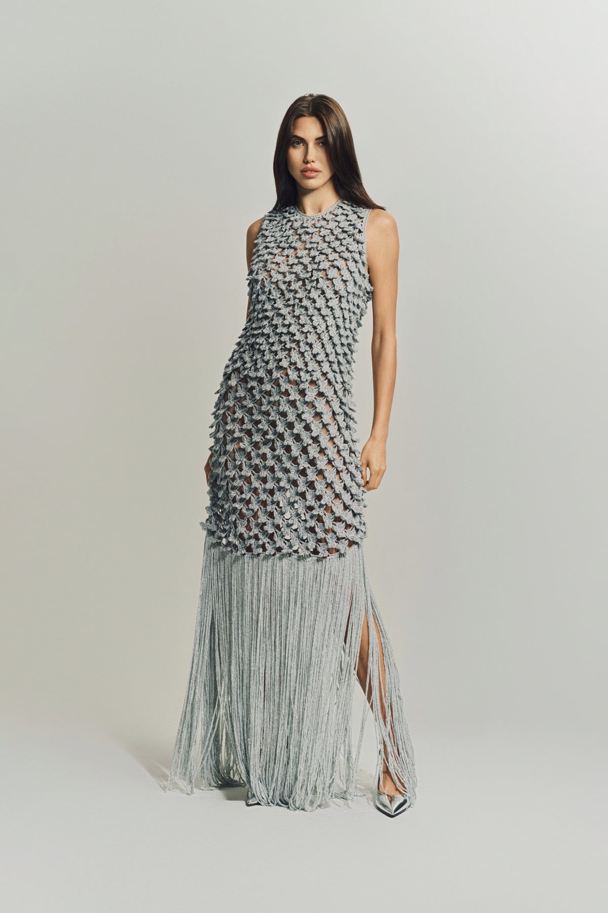 silver crochet dress Always Devotion Midi in Metallic this dress will ensure you stand out with style and sophistication. IRFE Silver Crochet Handmade Gown