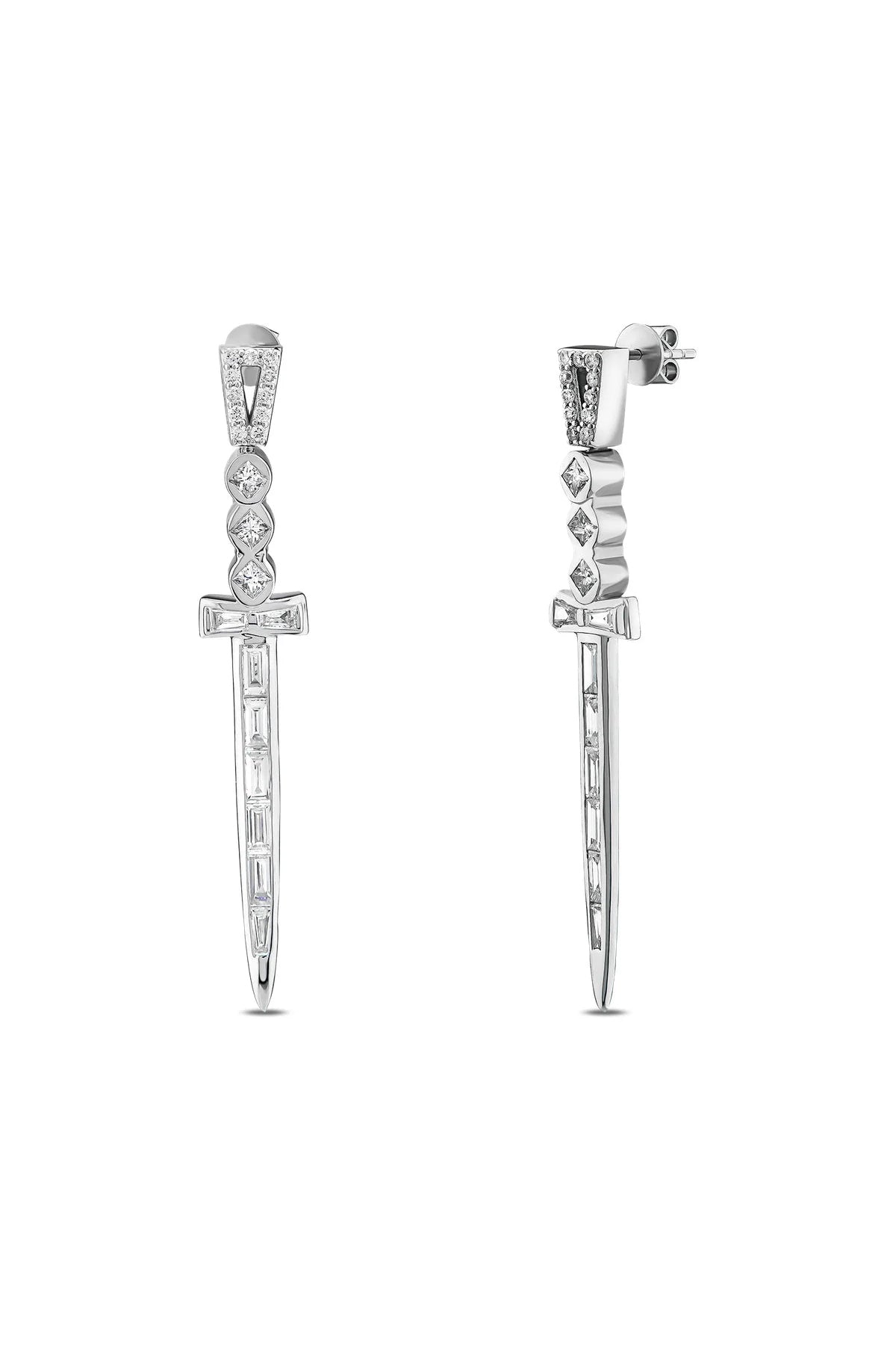 BEE GODDESS | 18K WHITE GOLD DIAMOND SWORD EARRINGS
