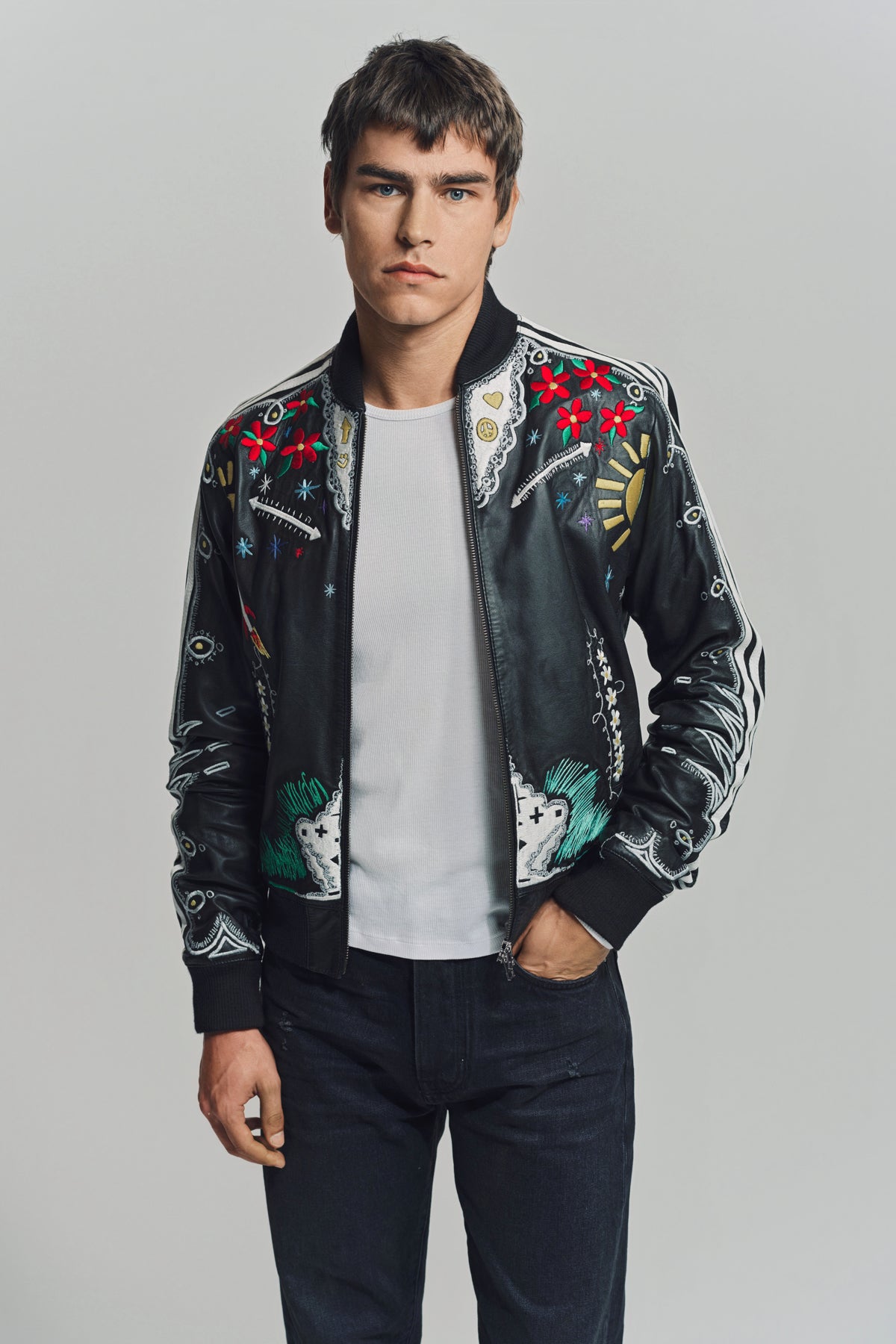 CACTUS PLANT FLEA MARKET x ADIDAS | 2000s CUSTOM EMBROIDERED BLACK LEATHER JACKET