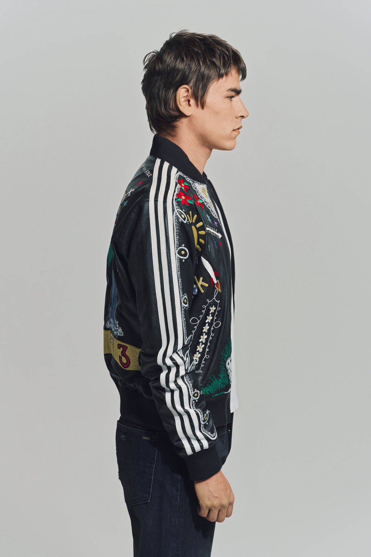 CACTUS PLANT FLEA MARKET x ADIDAS | 2000s CUSTOM EMBROIDERED BLACK LEATHER JACKET