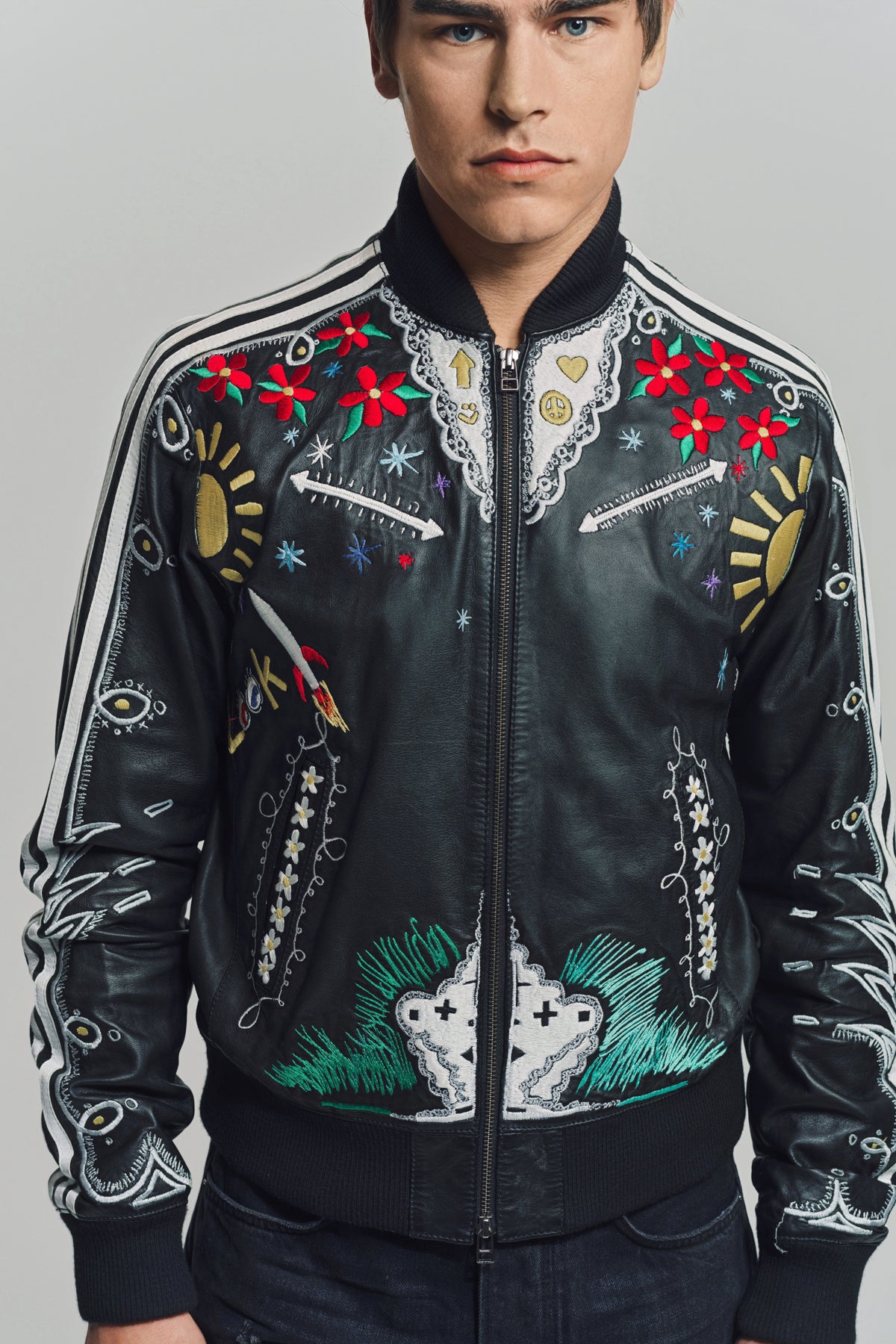 CACTUS PLANT FLEA MARKET x ADIDAS | 2000s CUSTOM EMBROIDERED BLACK LEATHER JACKET