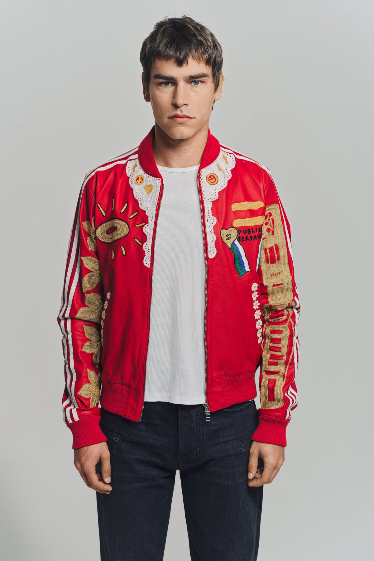 CACTUS PLANT FLEA MARKET x ADIDAS | 2000s CUSTOM EMBROIDERED RED LEATHER JACKET