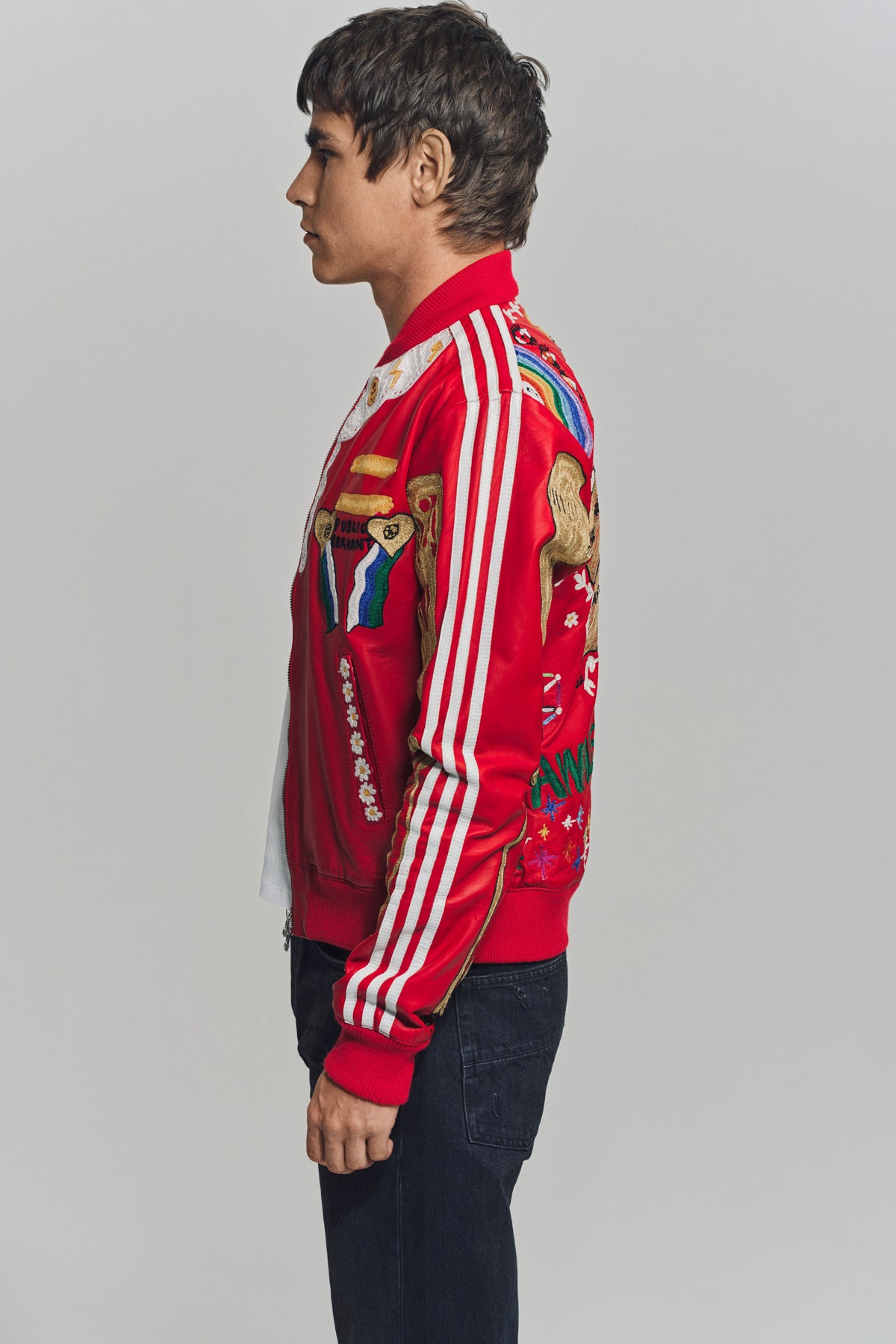 CACTUS PLANT FLEA MARKET x ADIDAS | 2000s CUSTOM EMBROIDERED RED LEATHER JACKET