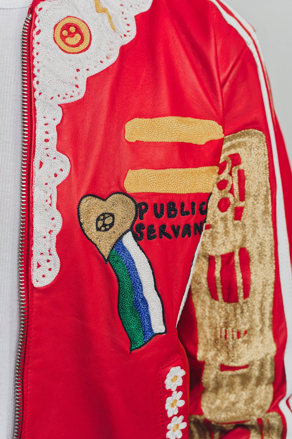 CACTUS PLANT FLEA MARKET x ADIDAS | 2000s CUSTOM EMBROIDERED RED LEATHER JACKET