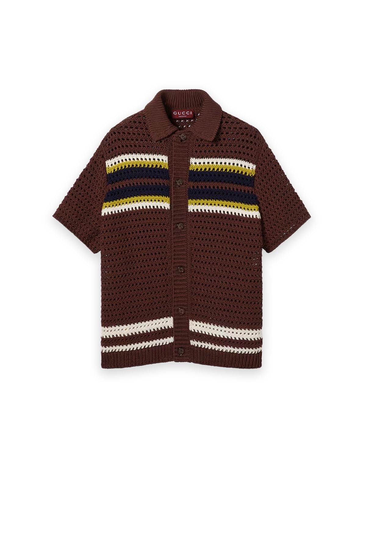 GUCCI グッチ サマーニット ポロニット 半袖 レディース M ブラウン系 GUCCI | CROCHET COTTON KNIT POLO SHIRT WITH STRIPES