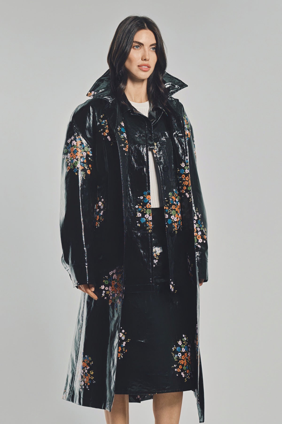 JIL SANDER | PATENT LINEN PRINTED TRENCH COAT