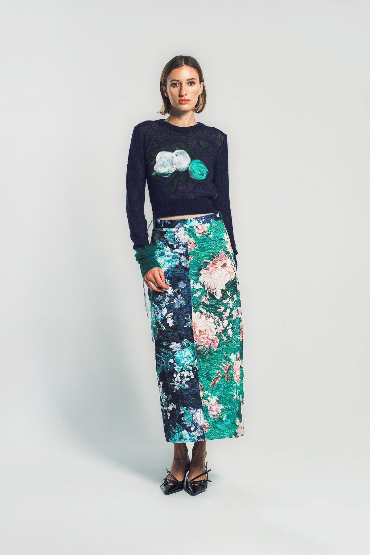 ERDEM | FLORAL PRINT TEXTURED SATIN PENCIL SKIRT