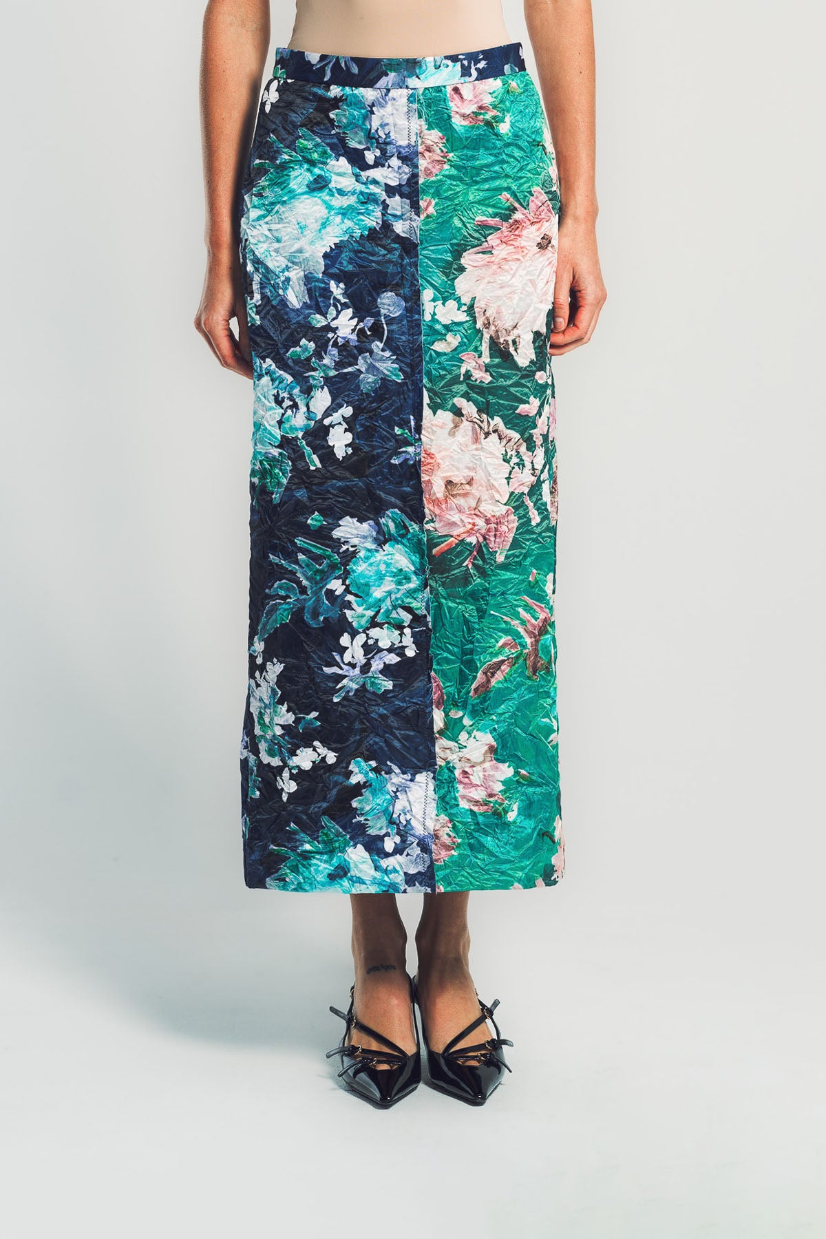 ERDEM | FLORAL PRINT TEXTURED SATIN PENCIL SKIRT