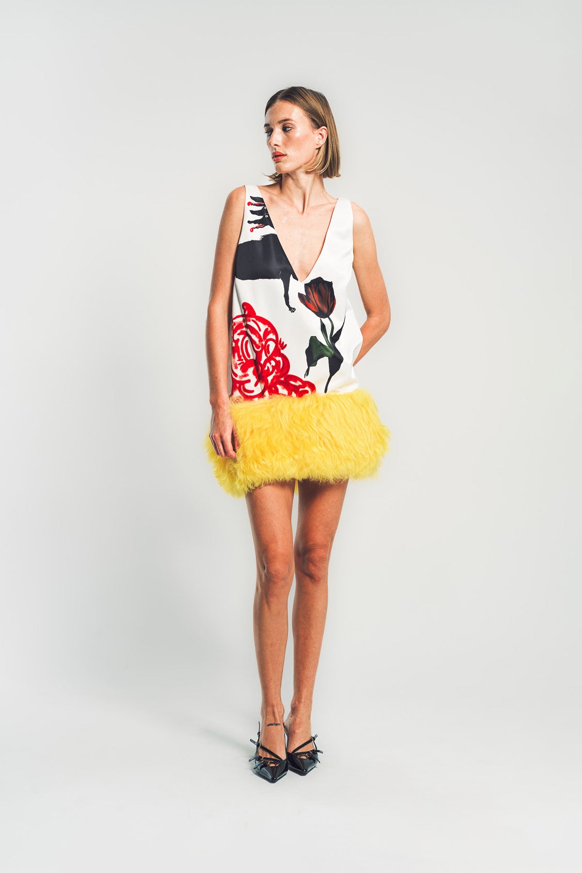MARNI | WHITE SATIN MINI DRESS WITH FUR HEM