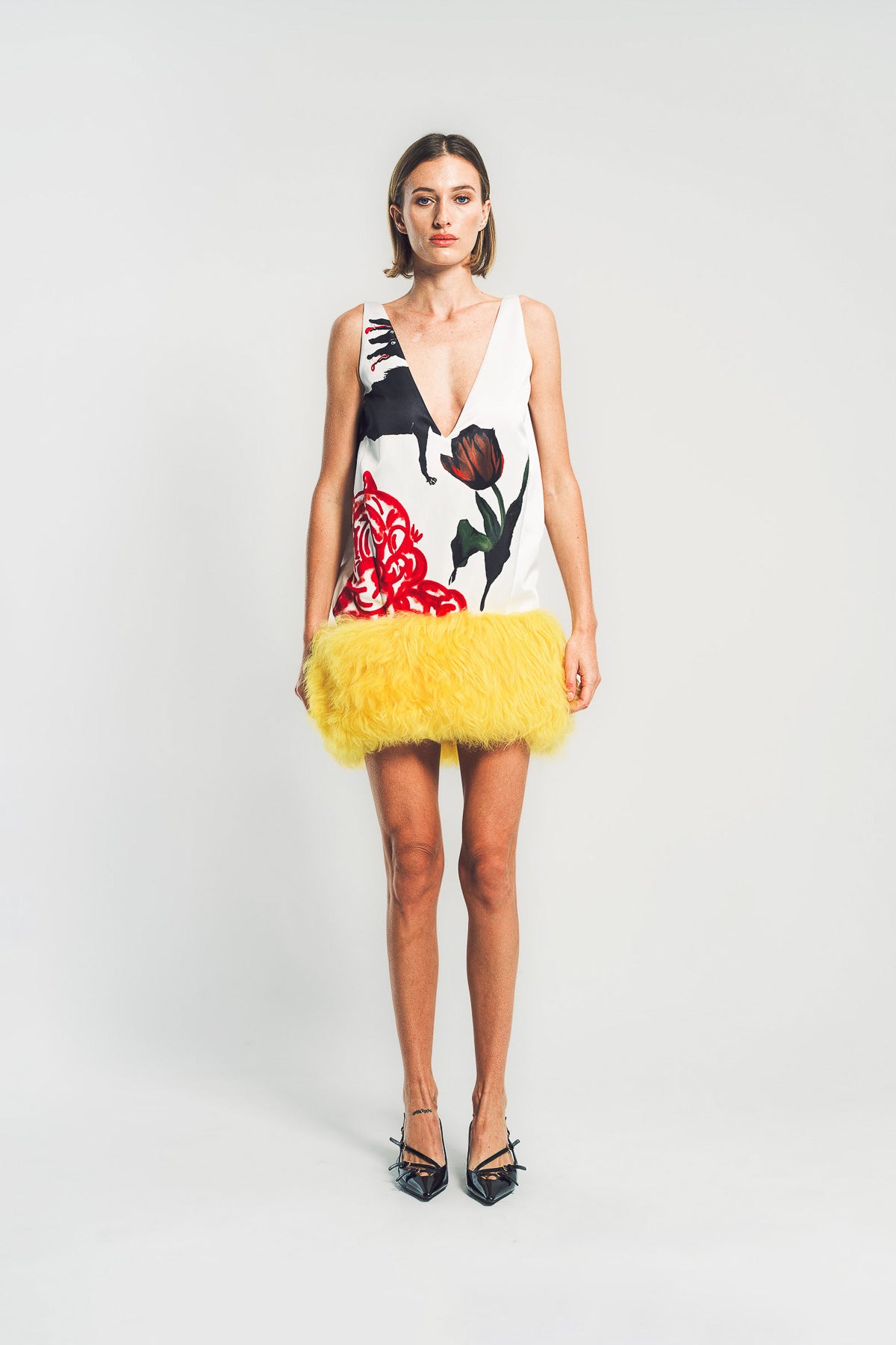 MARNI | WHITE SATIN MINI DRESS WITH FUR HEM
