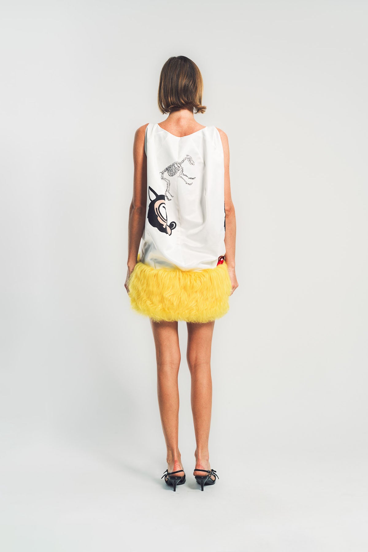 MARNI | WHITE SATIN MINI DRESS WITH FUR HEM